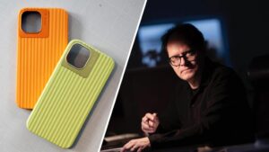 Image of Jesper the designer and two phone cases. one in orange and the other in green